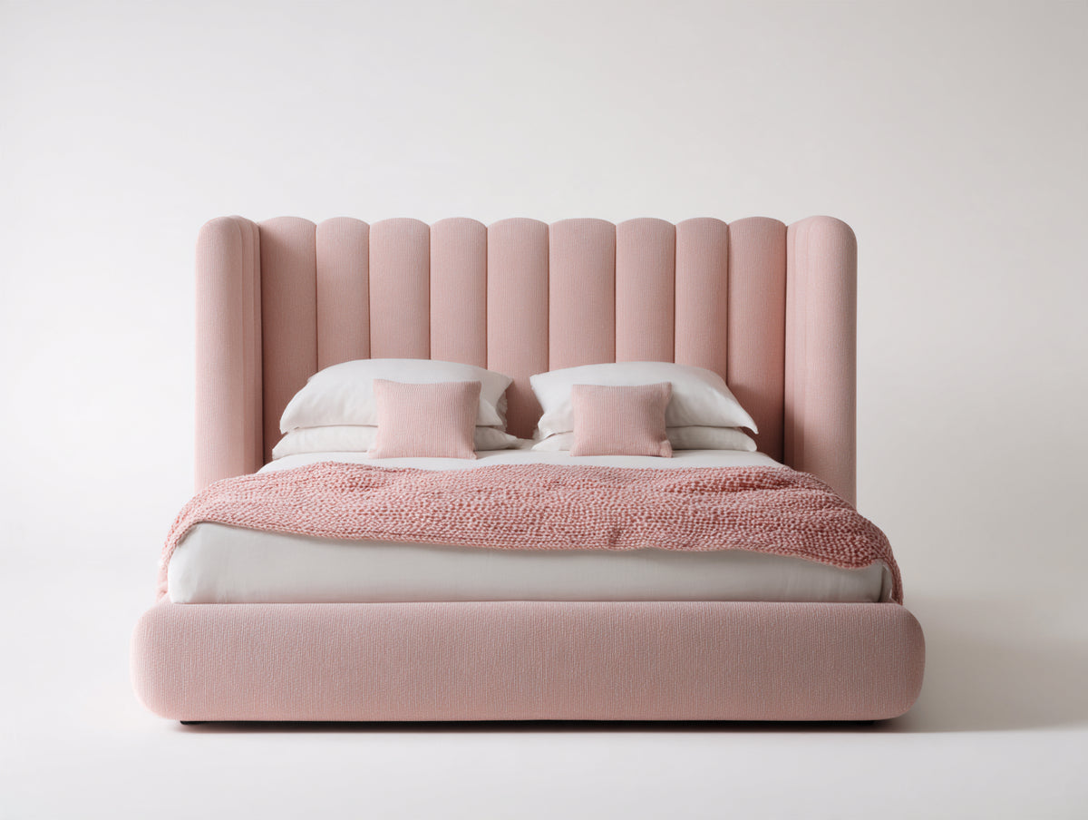 Letto matrimoniale - tessuto - 215 x 190 x 120 cm - rosa cipria - stile contemporaneo