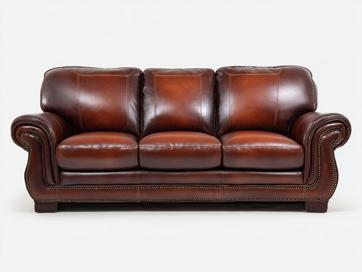 Divani a 3 posti - Pelle-Legno - 216 x 96 x 99 cm - Marrone castagna - Stile classico elegante