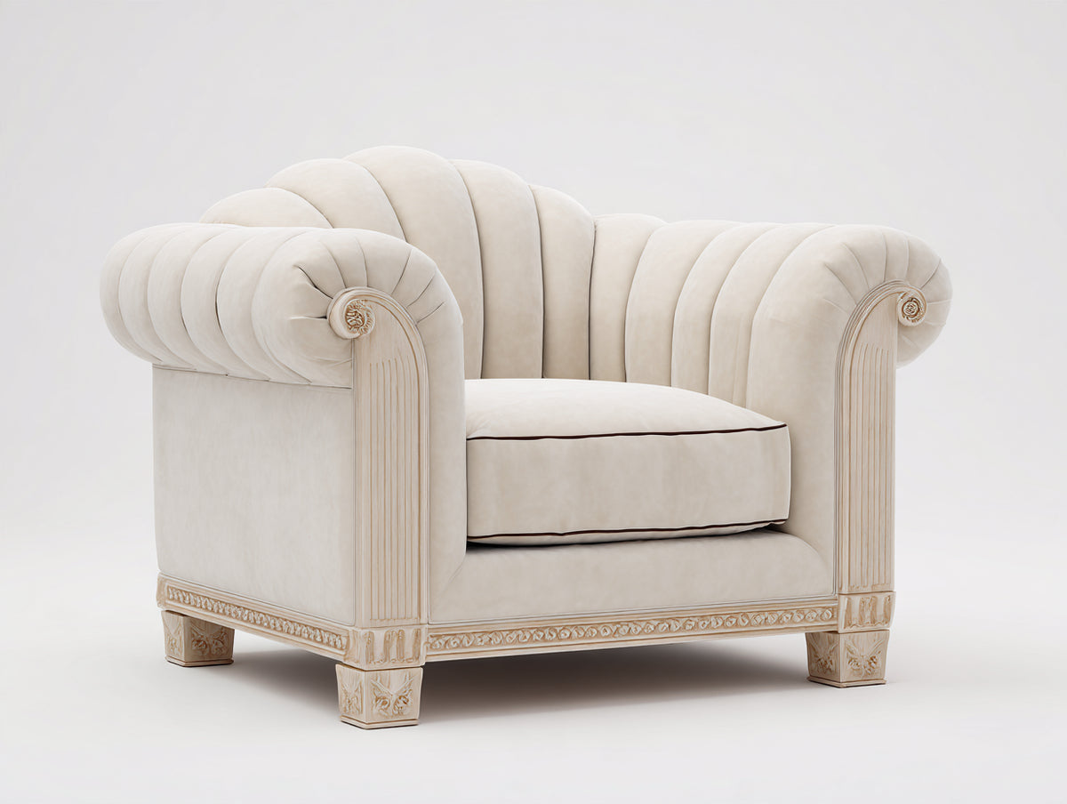 Poltrona - Velluto - Legno - 118x92x82 cm - Avorio - Stile classico
