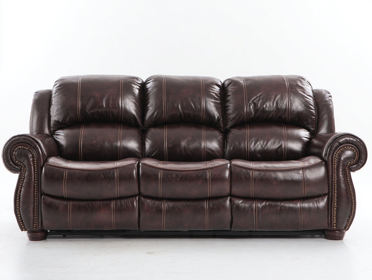 Divani a 3 posti - Pelle-Legno - 218 x 97 x 101 cm - Marrone scuro - Stile classico imbottito