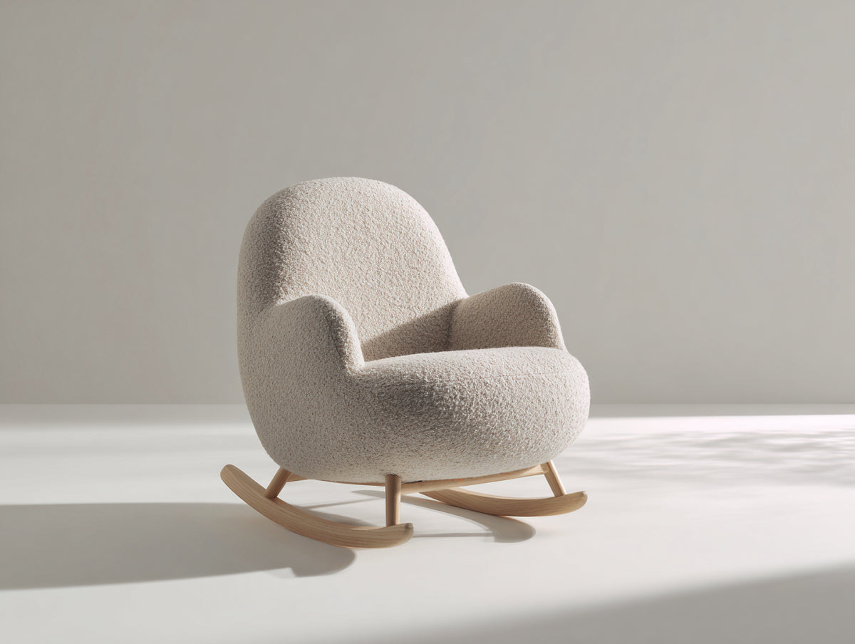 Sedia a dondolo - Tessuto bouclé-Legno - 78x86x81 cm - Avorio-Marrone naturale - Scandinavo
