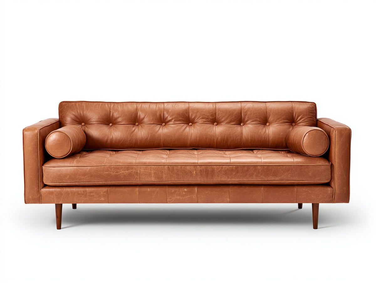Divani a 3 posti - Pelle-Legno - 214 x 90 x 84 cm - Cognac - Stile moderno di metà secolo